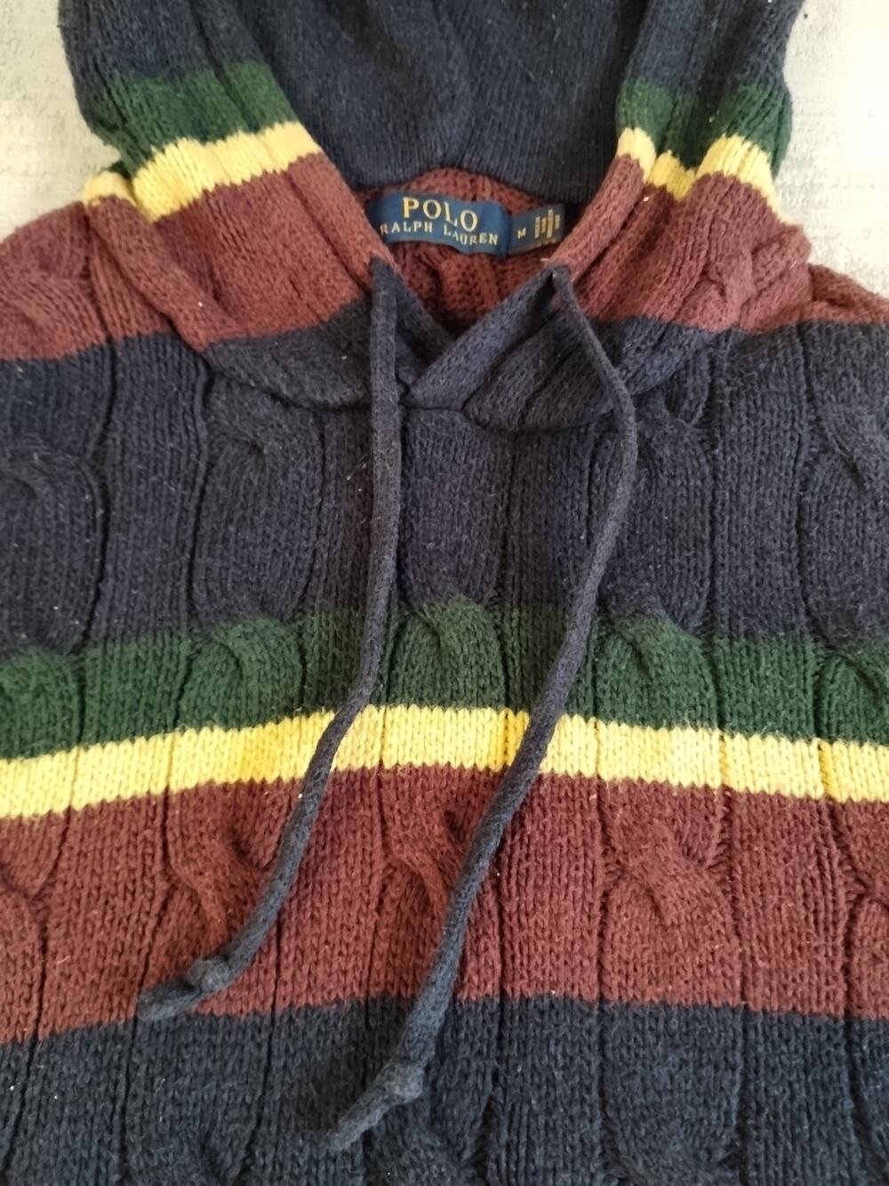 Polo Ralph Lauren St Andrews Rugby Cable Knit Hoodie Striped Sweater Men Size M